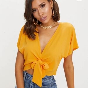 PrettyLittleThing Women's Yellow/Orange Tie-Front Top